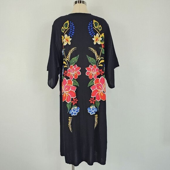 Flying Tomato Duster Womens Size Small Medium Maxi Kimono Black Floral Boho - Picture 3 of 11